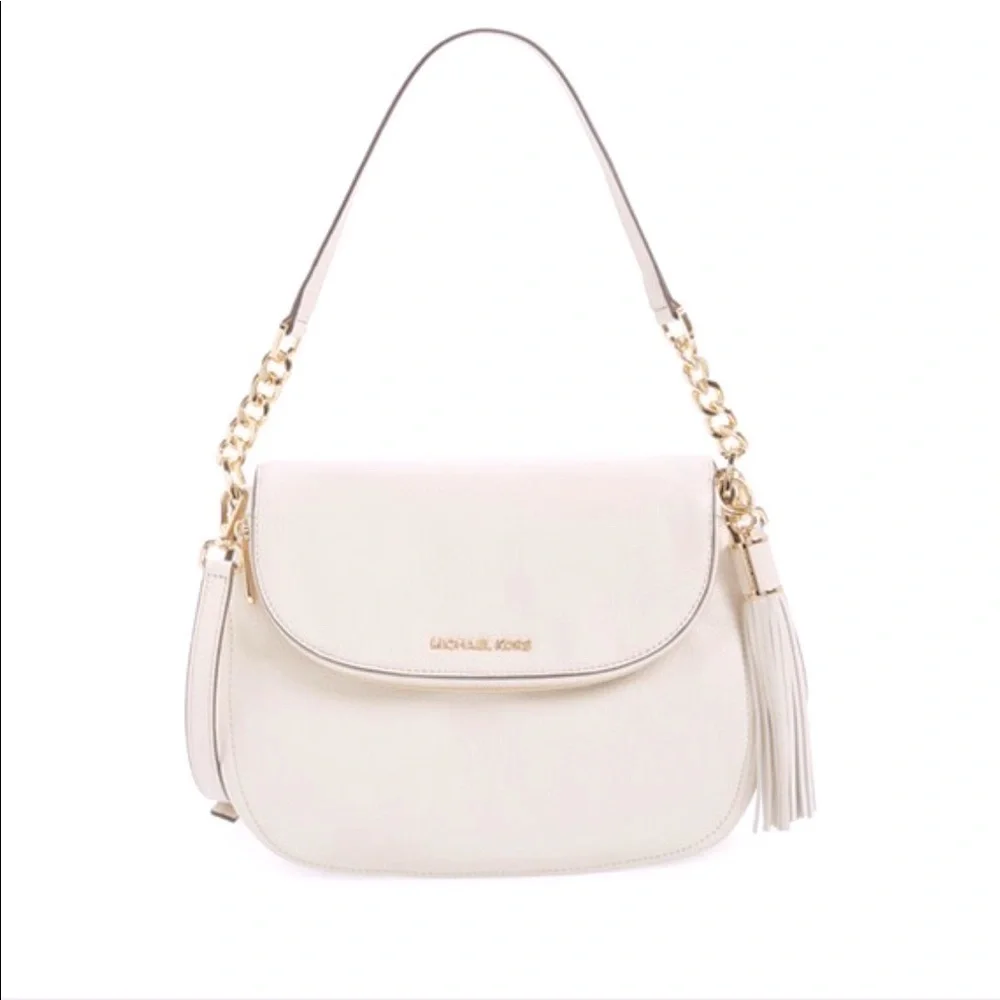 MICHAEL KORS Bedford Tassel Medium Leather Shoulder Bag in White